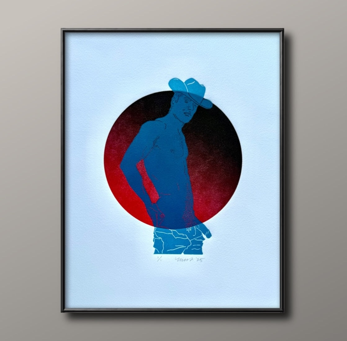 Light Blue Cowboy. Red Circle. 11x15 Art.