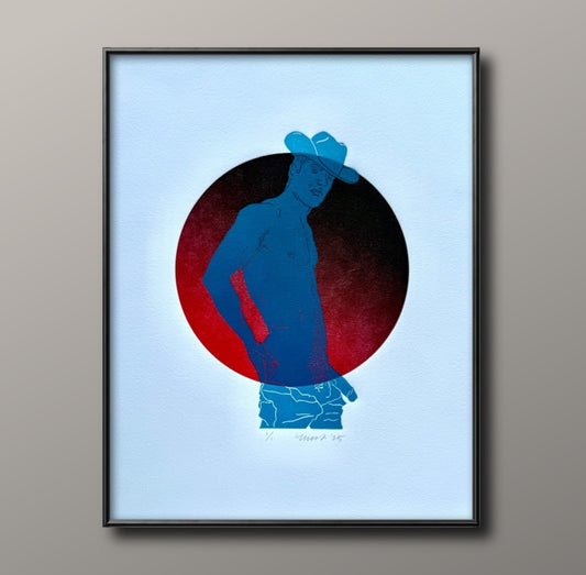 Light Blue Cowboy. Red Circle. 11x15 Art.