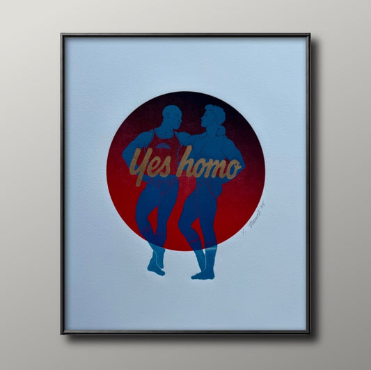 “Yes Homo”. Light Blue Couple. Red Circle. 11x15 Art.