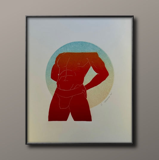 BDE. Red/Orange Torso. Teal/Yellow Circle. 11x15 Art.
