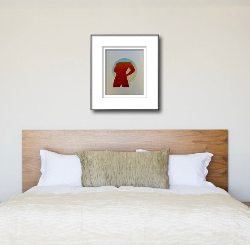 BDE. Red/Orange Torso on Teal/Yellow. 11x15 Art. Unmatted.
