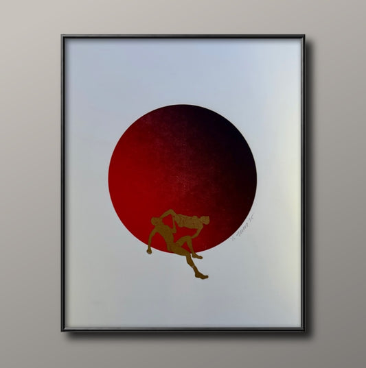 Gold Figures. Red/Black Circle. 11x15 Art.
