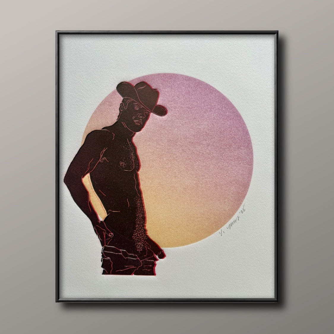 Black & Red Cowboy. Red/Orange Circle. 11x15 Art.