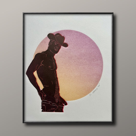 Black & Red Cowboy. Red/Orange Circle. 11x15 Art.