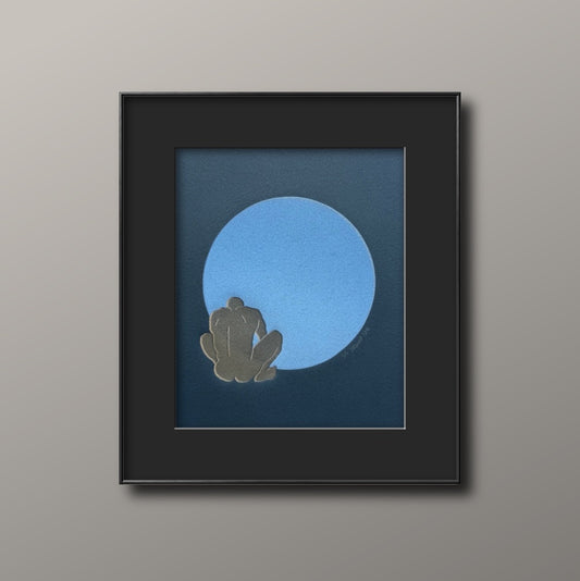 Gold Figure. Light Blue Circle. 8x10 Art in 11x14 Mat.