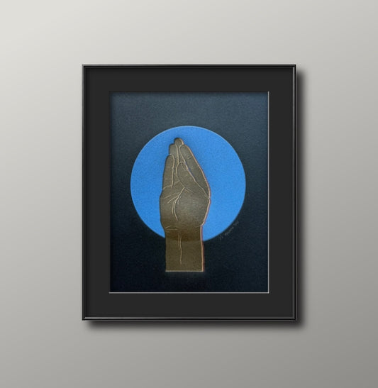 Gold “Queen’s Wave”. Blue Circle. 8x10 Art in 11x14 Mat.
