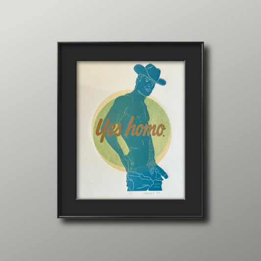 “Yes Homo” Cowboy. Interlocking Circles. 8x10 Art in 11x14 Mat.