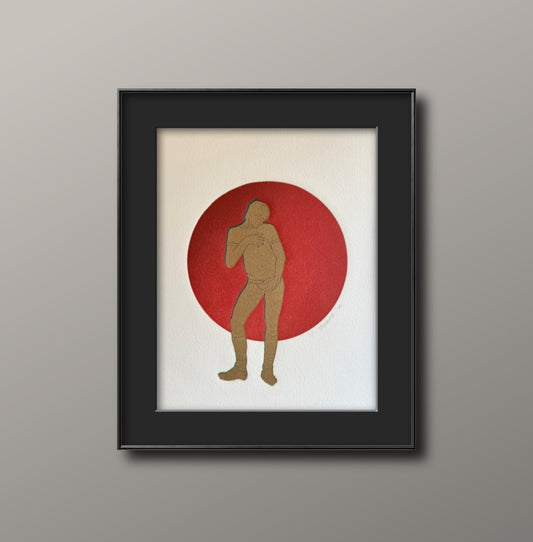 Gold/Blue Figure. Red Circle. 8x10 Art in 11x14 Mat.