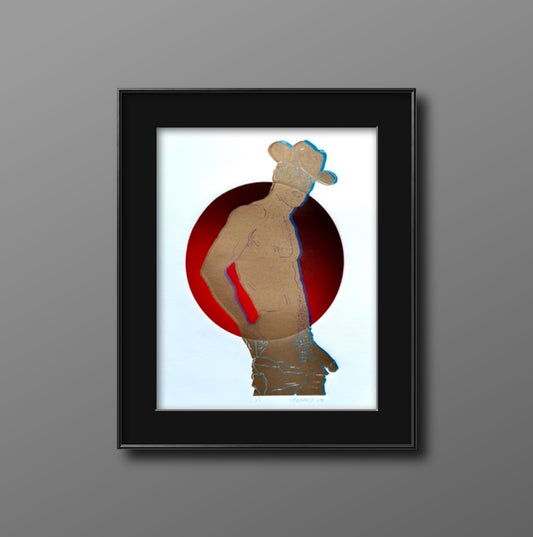 Golden/Blue Cowboy. Red Circle. 8x10 Art in 11x14 Mat.