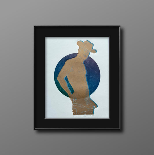 Golden Cowboy. Green/Blue/Purple. 8x10 Art in 11x14 Mat.