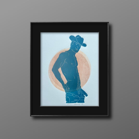 Lt Blue Cowboy. Intersecting Circles. 8x10 Art in 11x14 Mat.