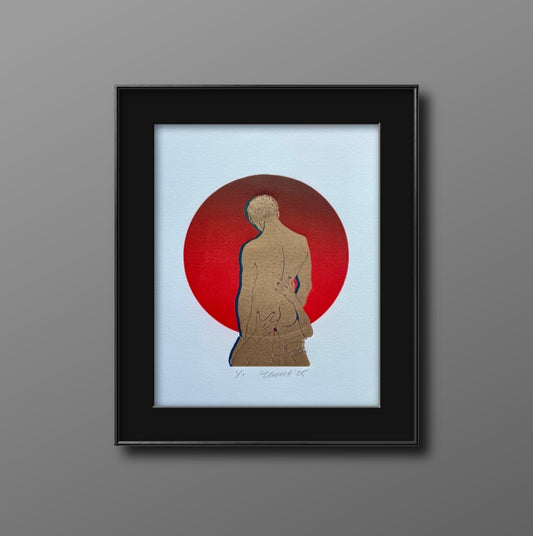 Golden Head. Red Ombre Circle. 8x10 Art in 11x14 Mat.