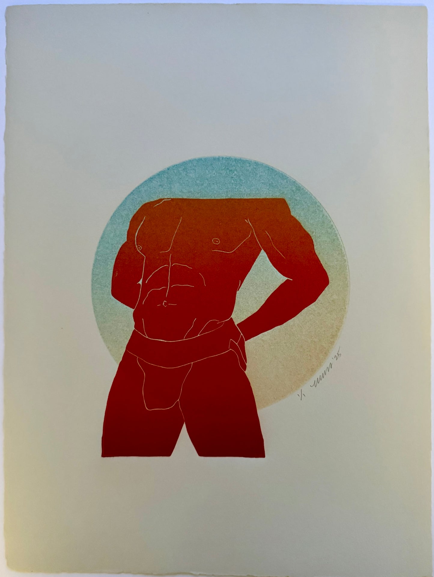 BDE. Red/Orange Torso on Teal/Yellow. 11x15 Art. Unmatted.