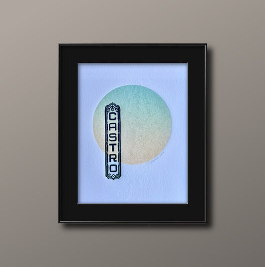 Dark Blue Castro Sign. Yellow/Teal Circle. 8x10 Art in 11x14 Mat.