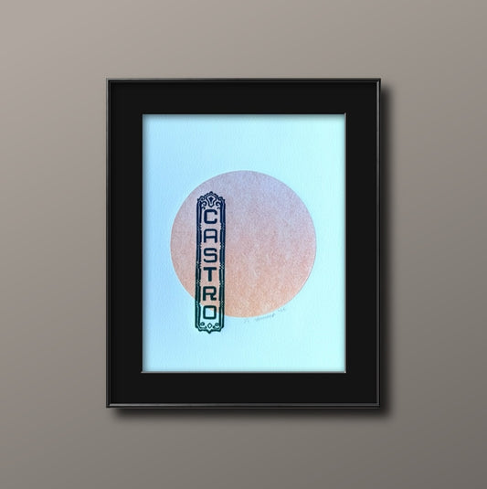 Blue Castro Sign. Orange/Red Circle. 8x10 Art in 11x14 Mat.