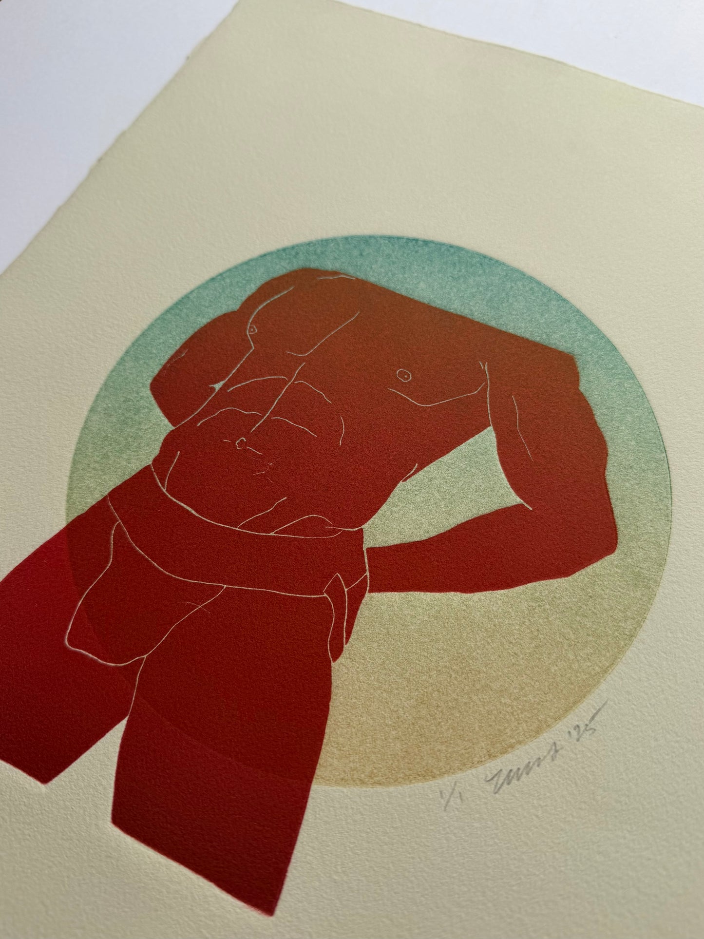 "BDE”. Red Figure. Teal/Yellow Circle. 11x15 Art. Unmatted.