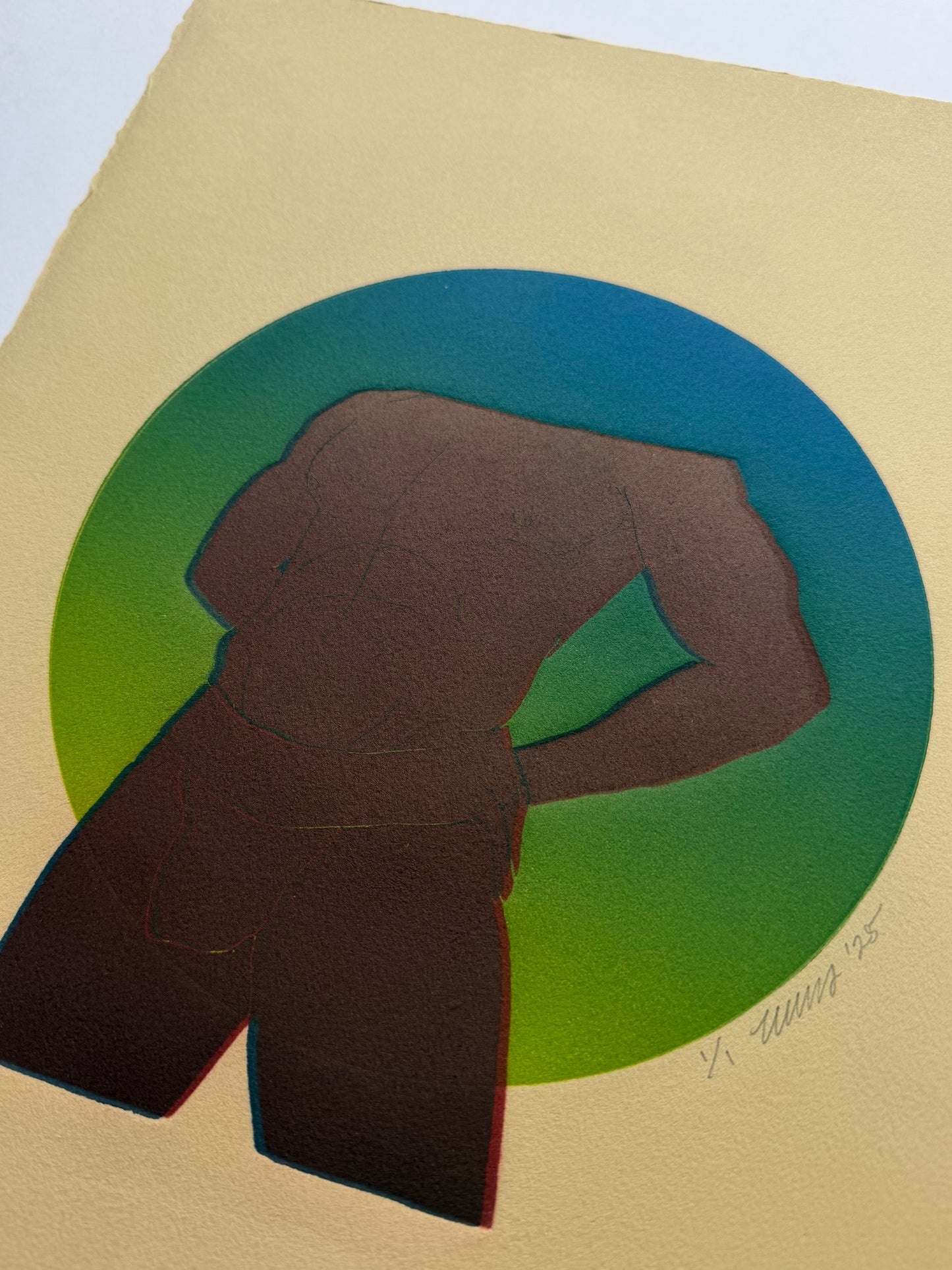 "BDE”. Dark Red Figure. Blue/Green Circle. 11x15 Art. Unmatted