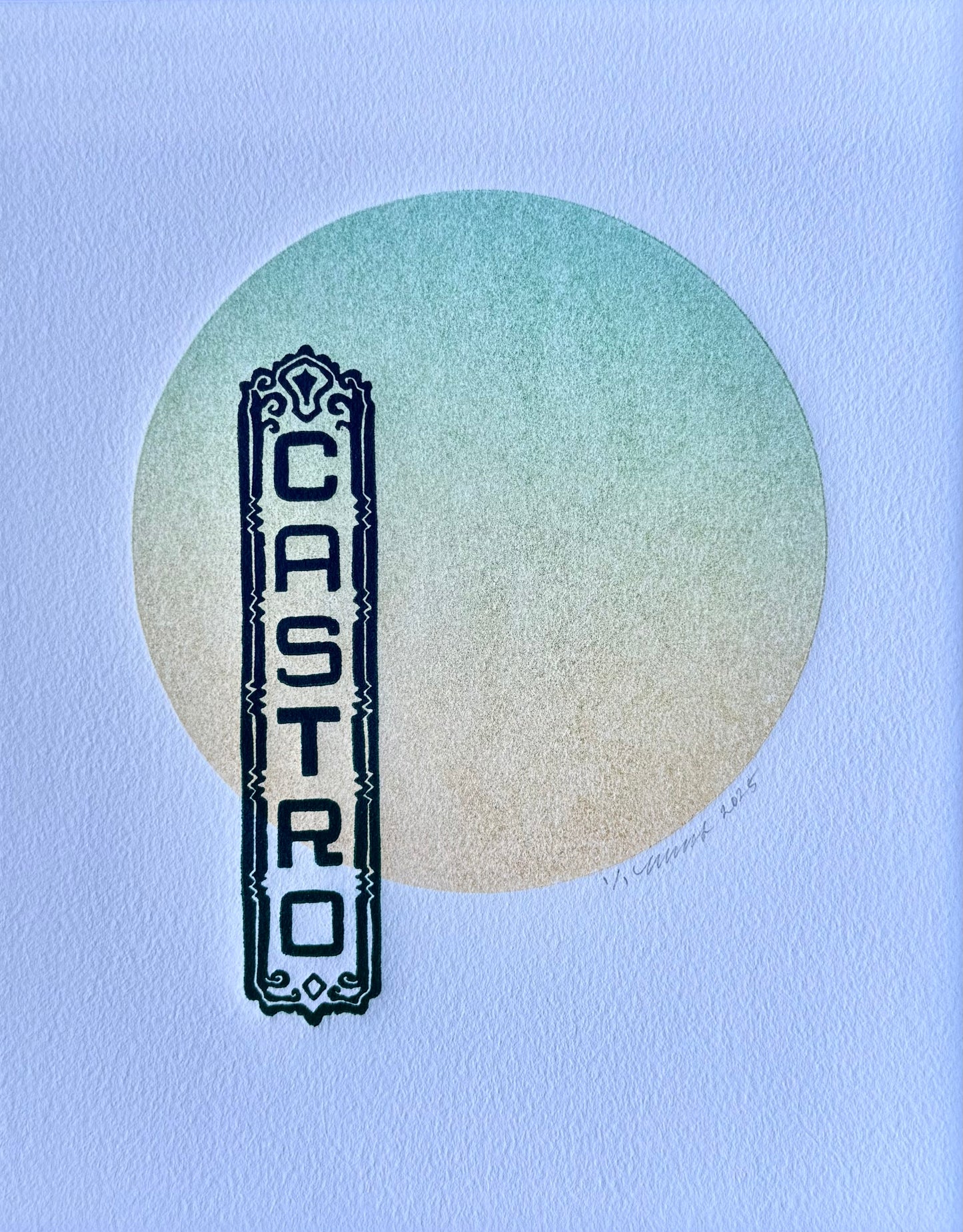 Dark Blue Castro Sign. Yellow/Teal Circle. 8x10 Art in 11x14 Mat.