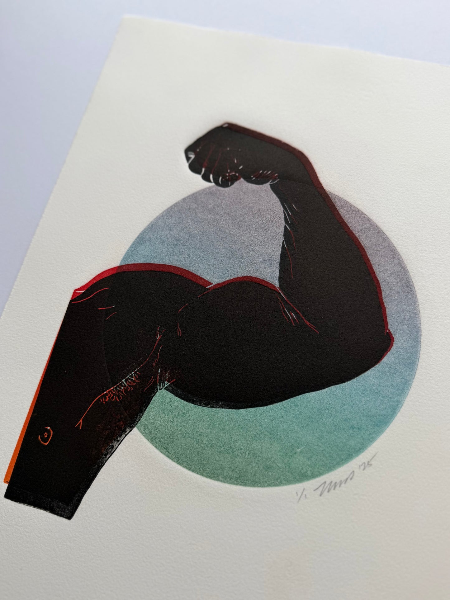“Flex”. Black Bicep. Red Outline. 11x15 Art. Unmatted.