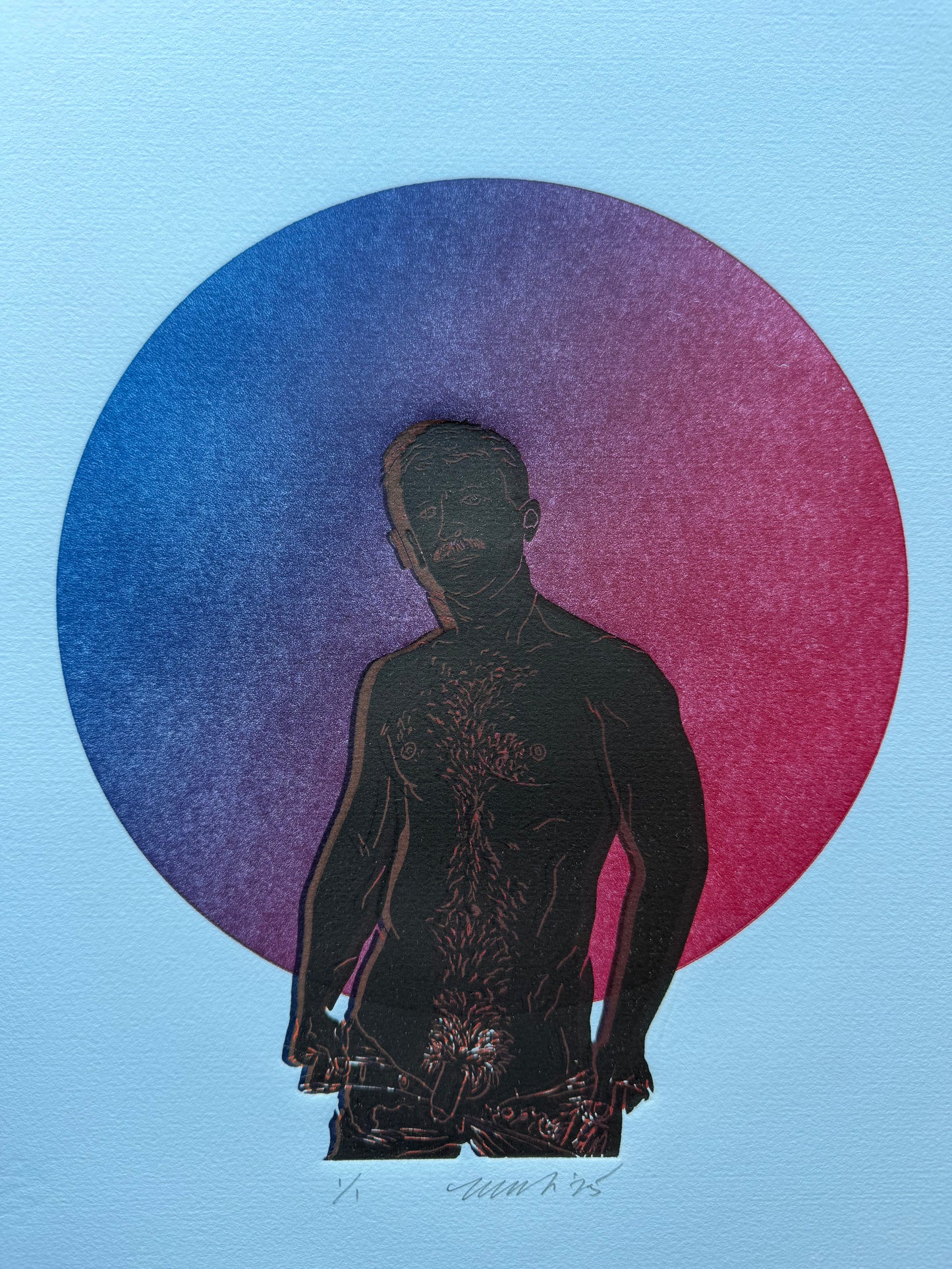 “Daddy’s Home”. Blue-Red Ombre Circle. 11x15 Art. Unmatted.