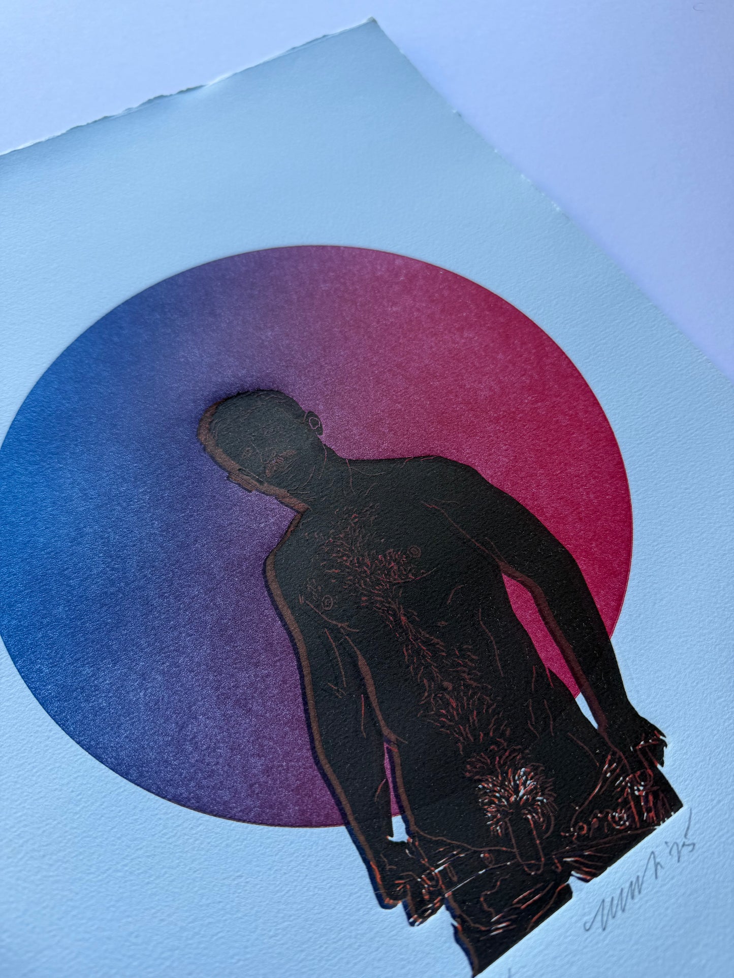 “Daddy’s Home”. Blue-Red Ombre Circle. 11x15 Art. Unmatted.