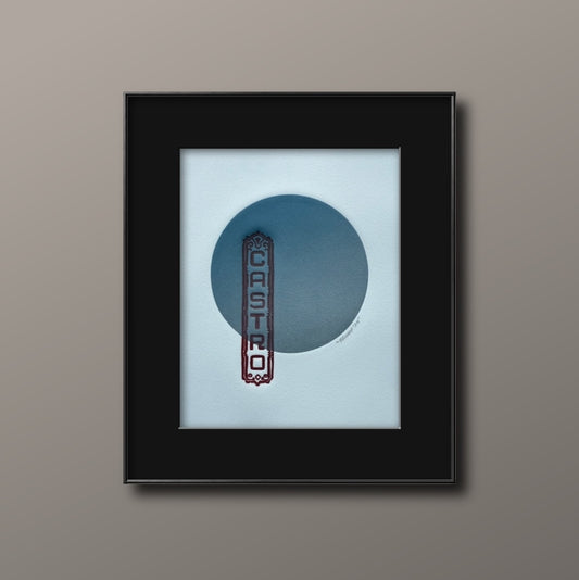 Red Castro Sign. Silver/Blue Circle. 8x10 Art in 11x14 Mat.