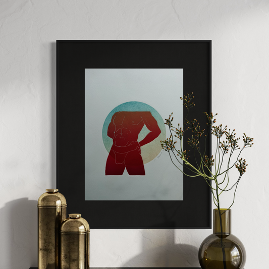 "BDE”. Red Figure. Teal/Yellow Circle. 11x15 Art. Unmatted.