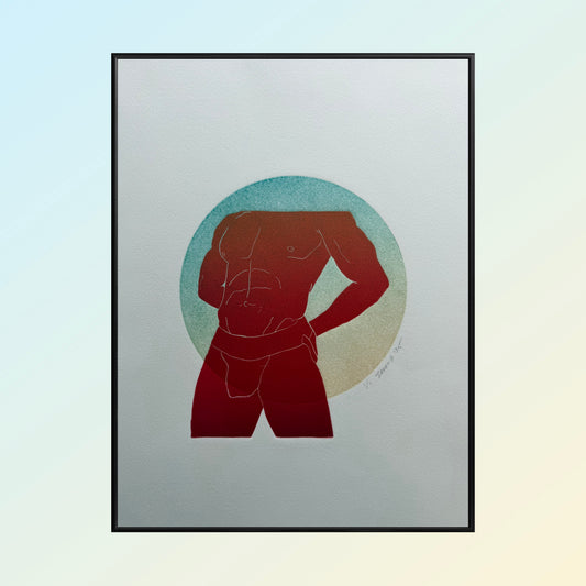 "BDE”. Red Figure. Teal/Yellow Circle. 11x15 Art. Unmatted.