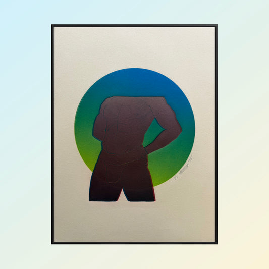 "BDE”. Dark Red Figure. Blue/Green Circle. 11x15 Art. Unmatted