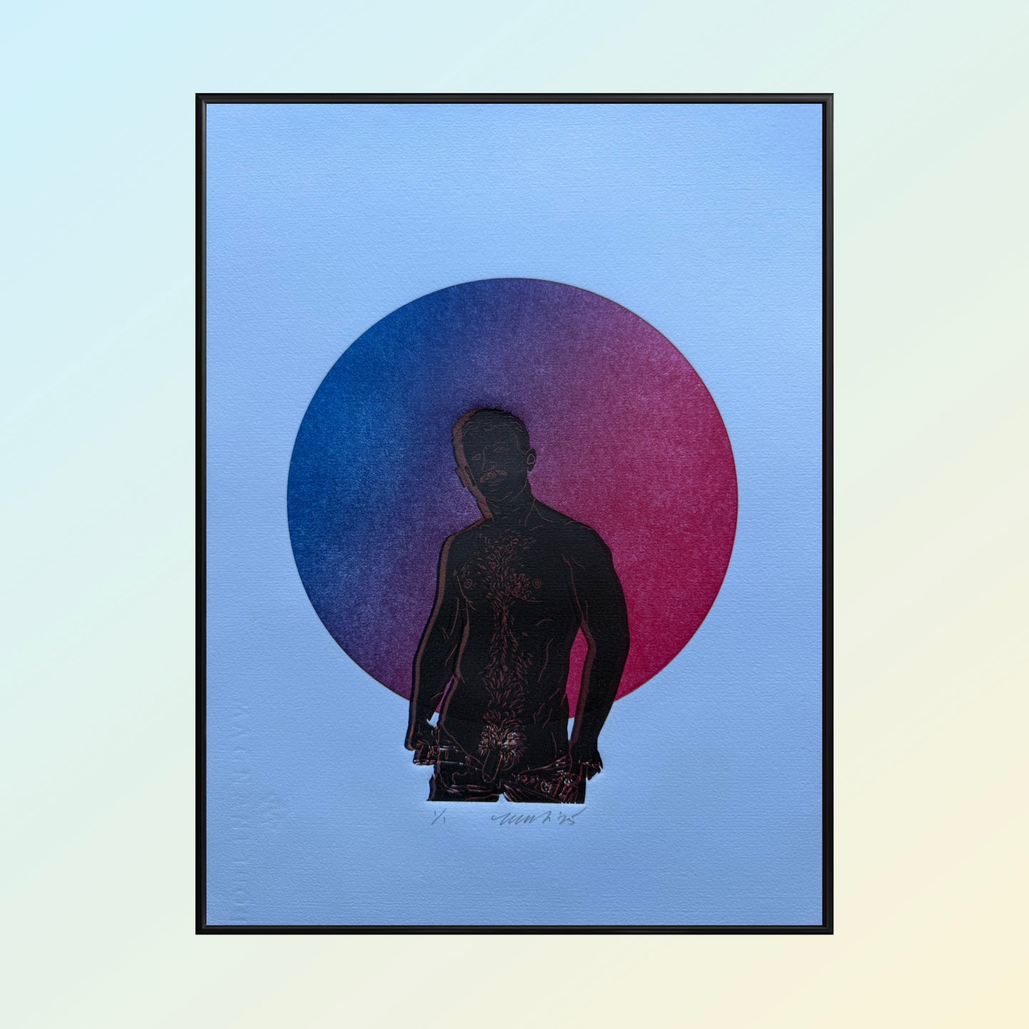 “Daddy’s Home”. Blue-Red Ombre Circle. 11x15 Art. Unmatted.