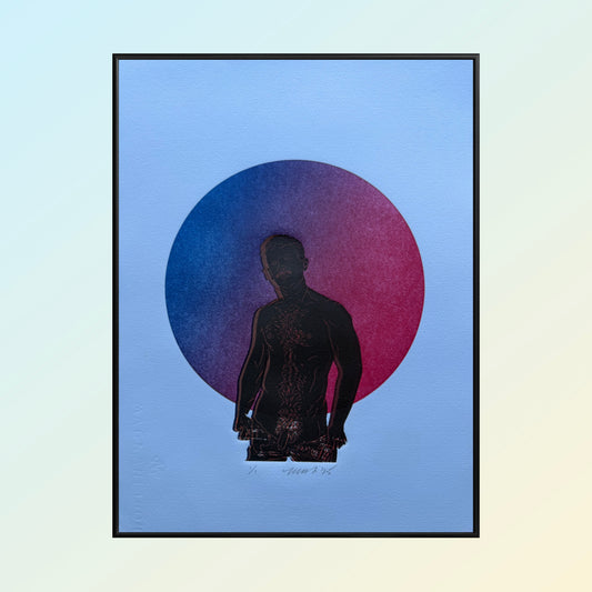 “Daddy’s Home”. Blue-Red Ombre Circle. 11x15 Art. Unmatted.