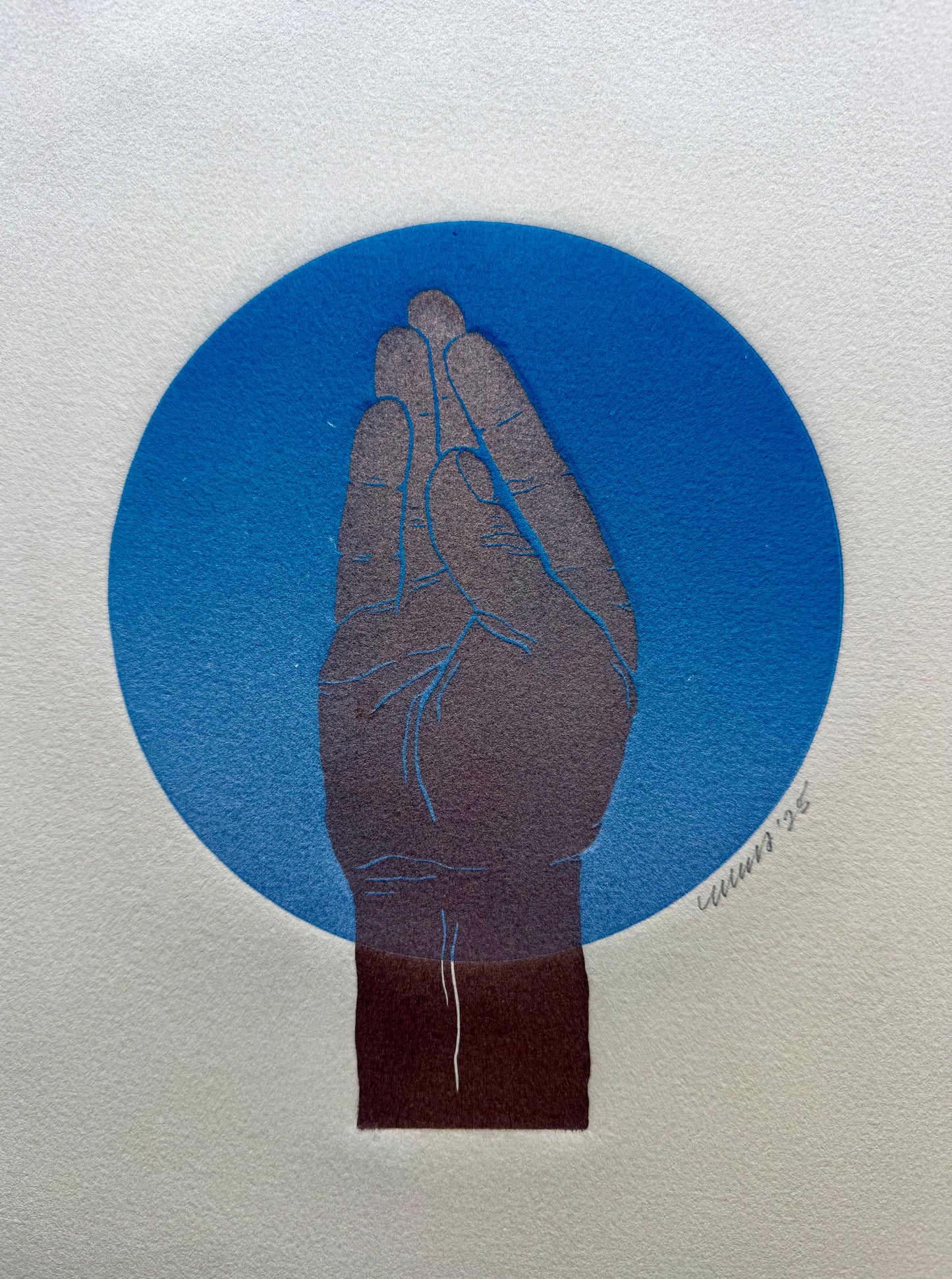 “Queens Wave”. Blue Circle. Gold Fist. 8x10 Art. Unmatted. Tan Paper.