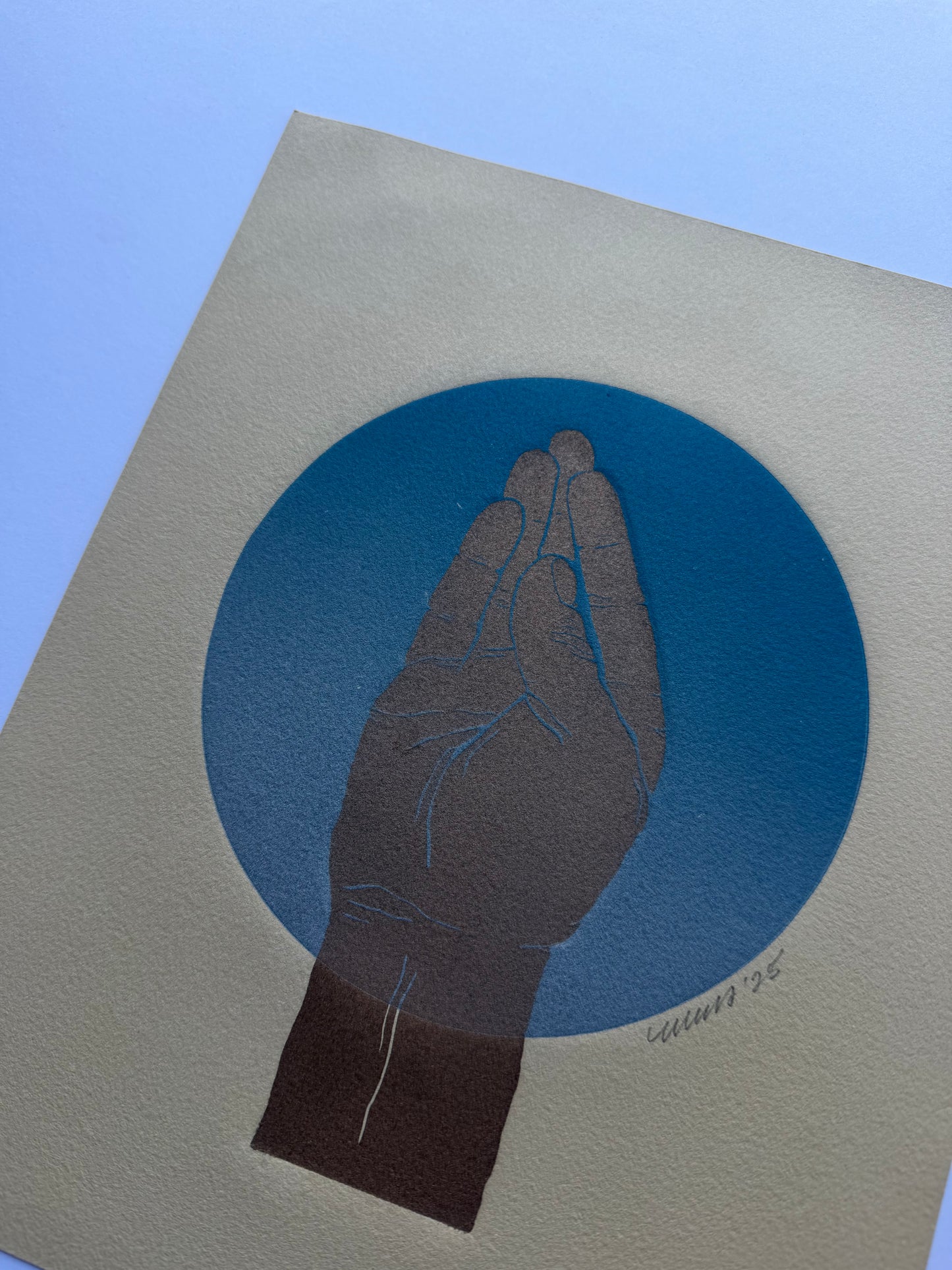 “Queens Wave”. Blue Circle. Gold Fist. 8x10 Art. Unmatted. Tan Paper.