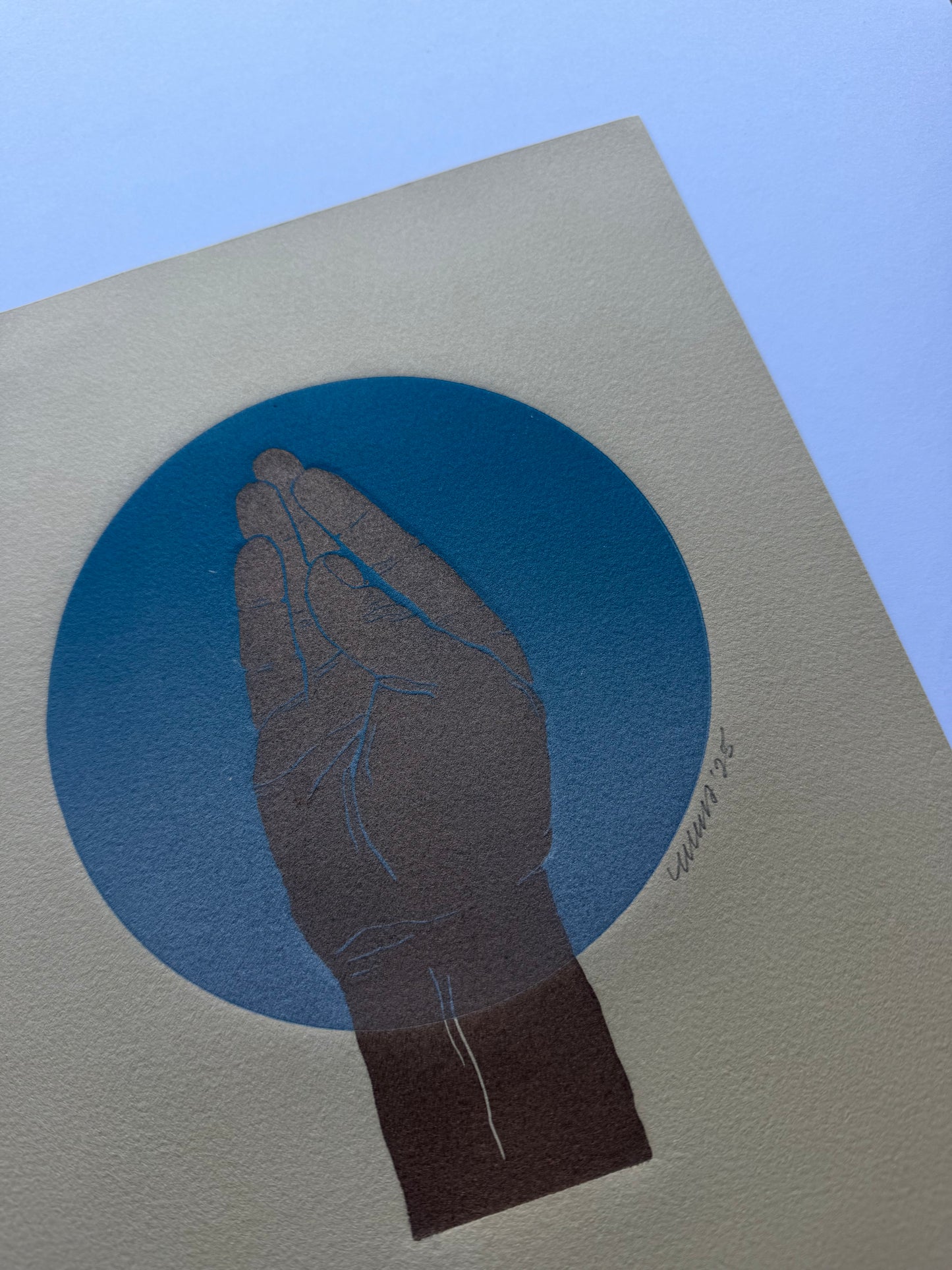 “Queens Wave”. Blue Circle. Gold Fist. 8x10 Art. Unmatted. Tan Paper.