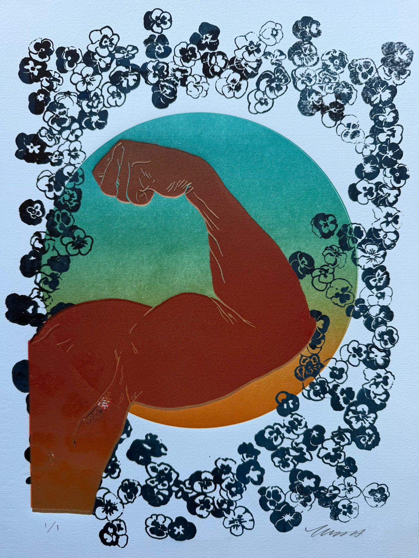 “Flex & Florals” on Lt Blue Paper. 11x15 Art. Unmatted.
