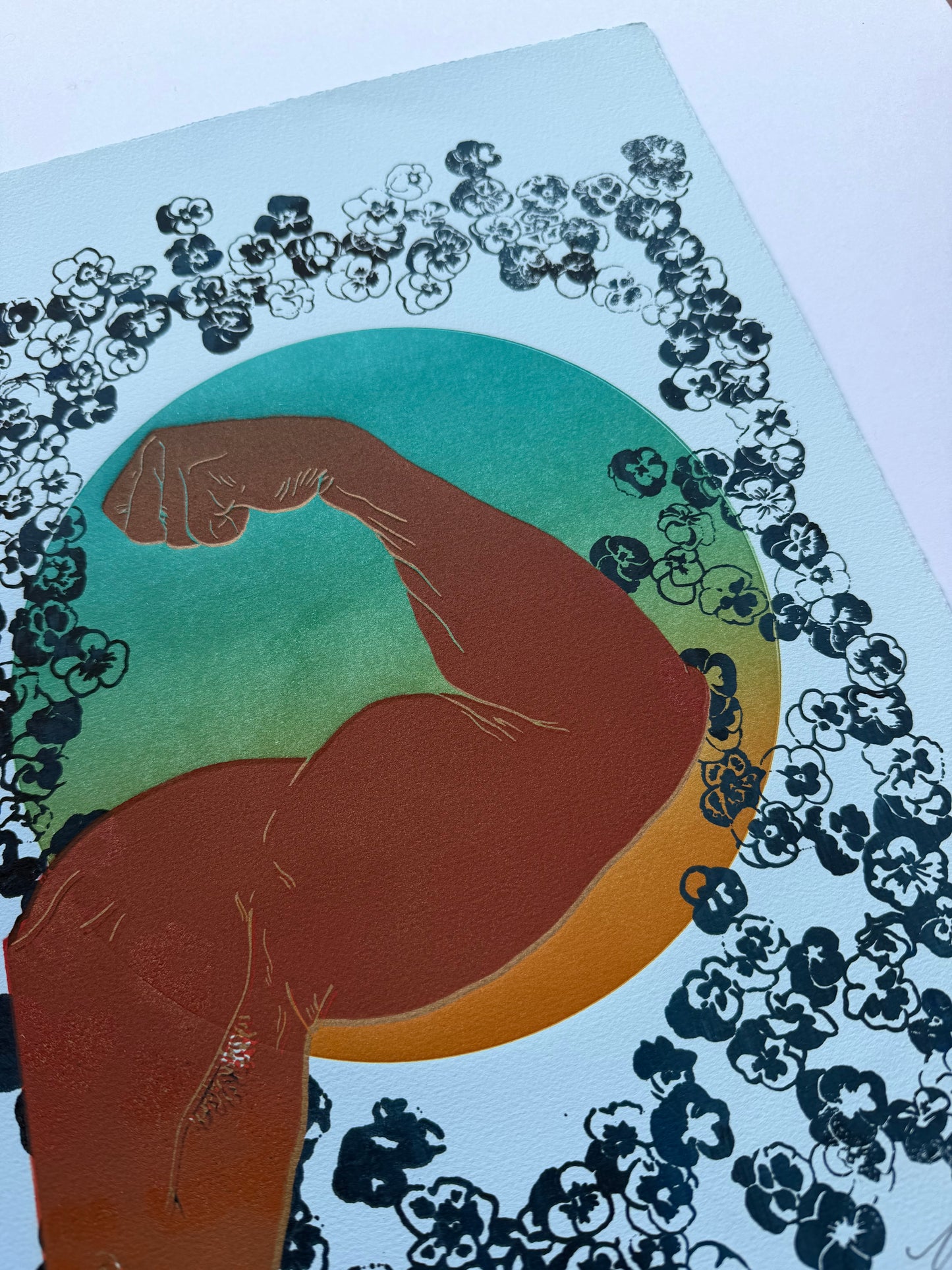 “Flex & Florals” on Lt Blue Paper. 11x15 Art. Unmatted.