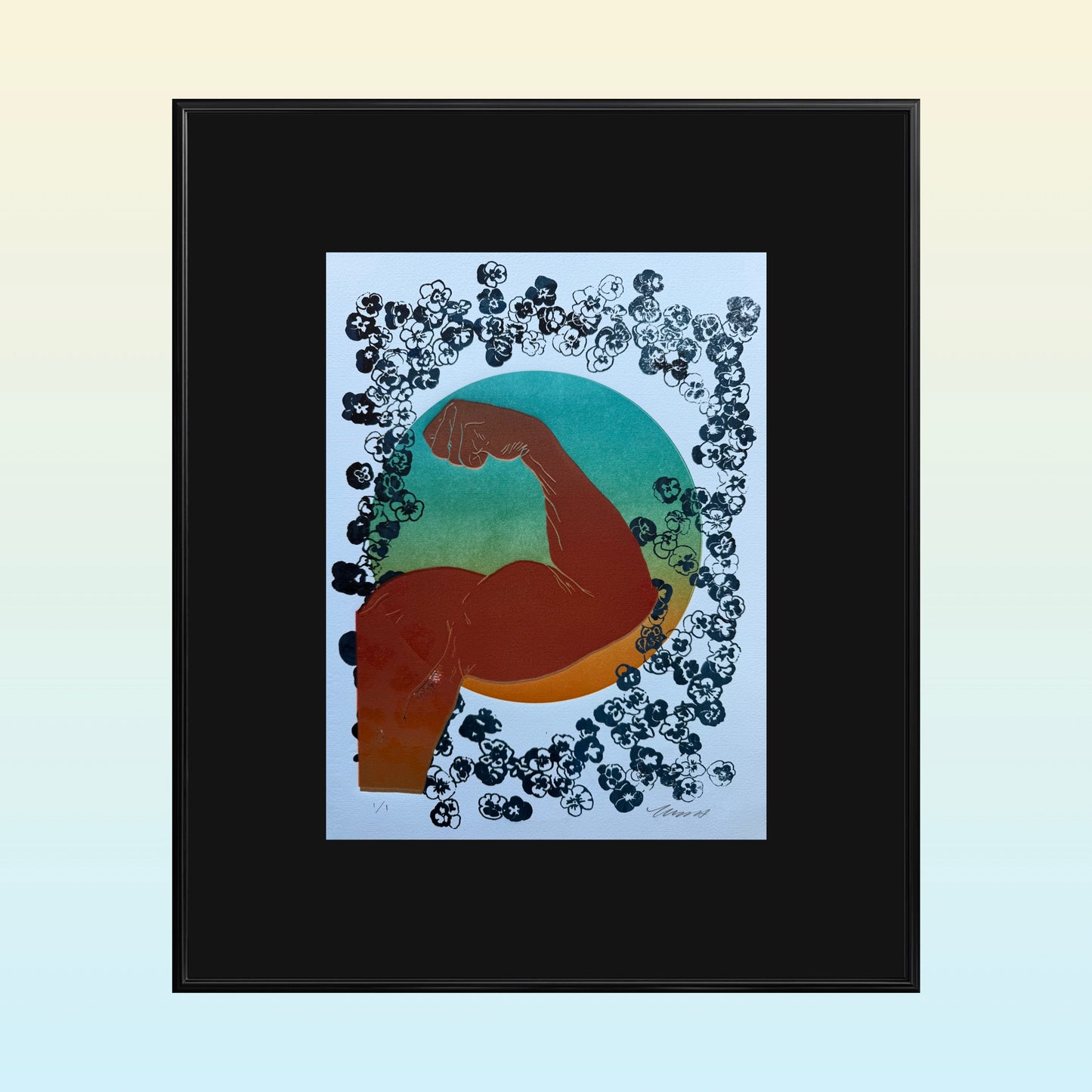“Flex & Florals” on Lt Blue Paper. 11x15 Art. Unmatted.