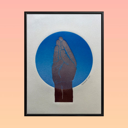“Queens Wave”. Blue Circle. Gold Fist. 8x10 Art. Unmatted. Tan Paper.