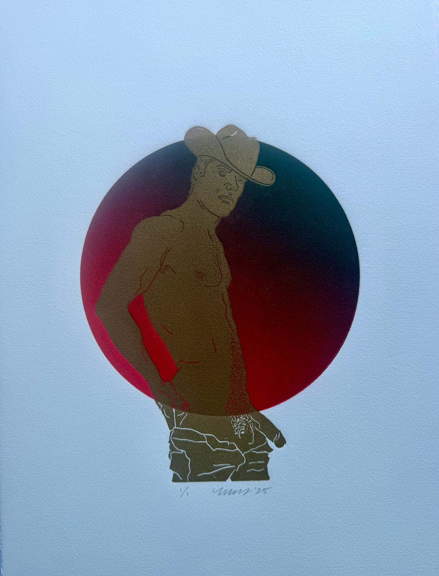 Howdy! Dark Red Ombre Circle. 11x15 Art. Unmatted.