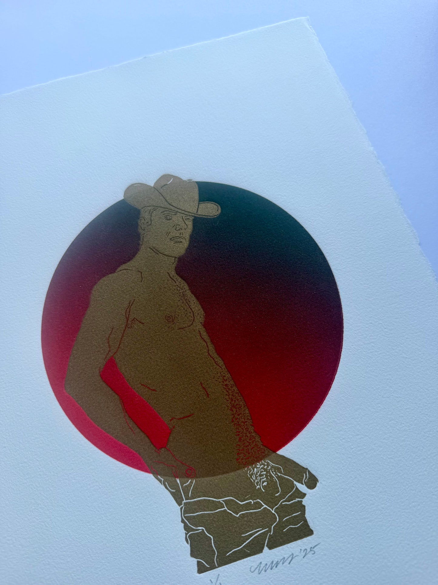 Howdy! Dark Red Ombre Circle. 11x15 Art. Unmatted.