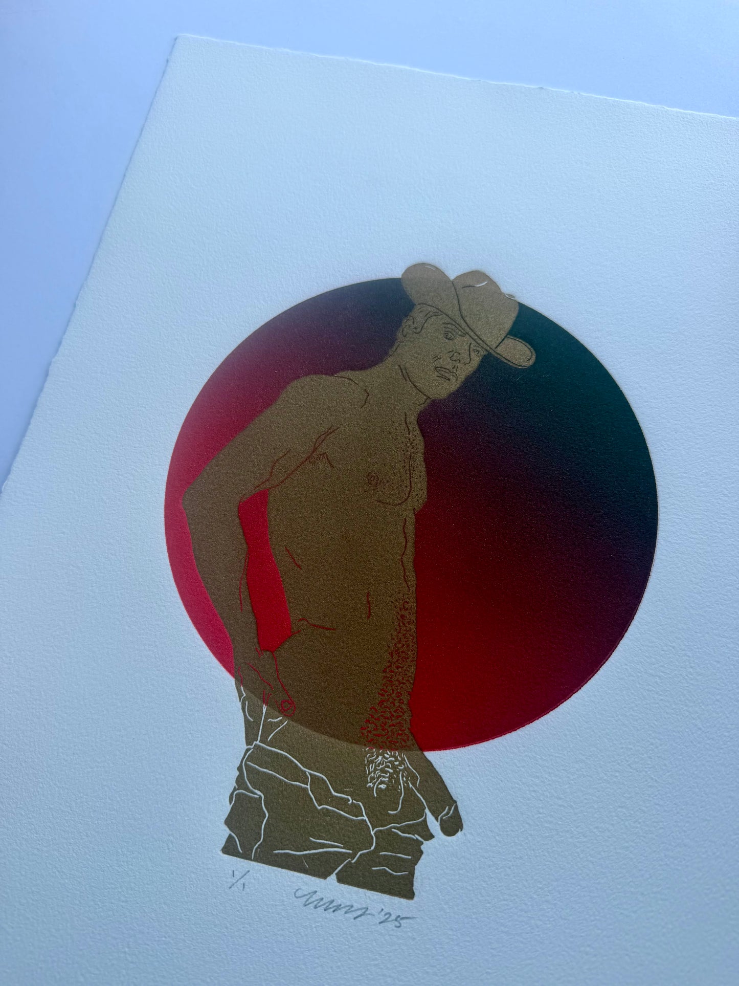 Howdy! Dark Red Ombre Circle. 11x15 Art. Unmatted.