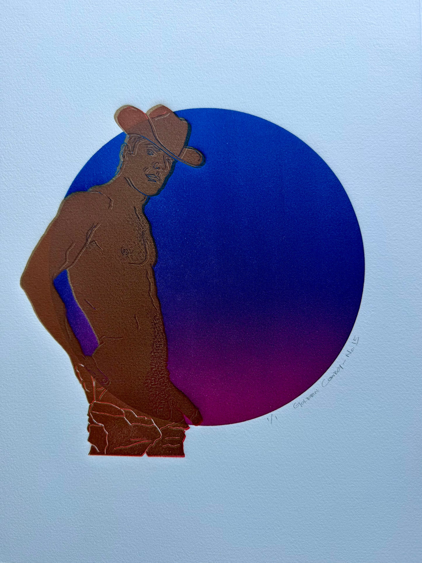 “Golden Cowboy - No. 15”. Blue-Purple Ombre Circle. 11x15 Art. Unmatted.