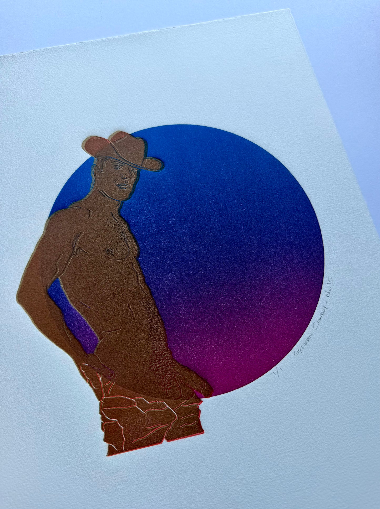 “Golden Cowboy - No. 15”. Blue-Purple Ombre Circle. 11x15 Art. Unmatted.