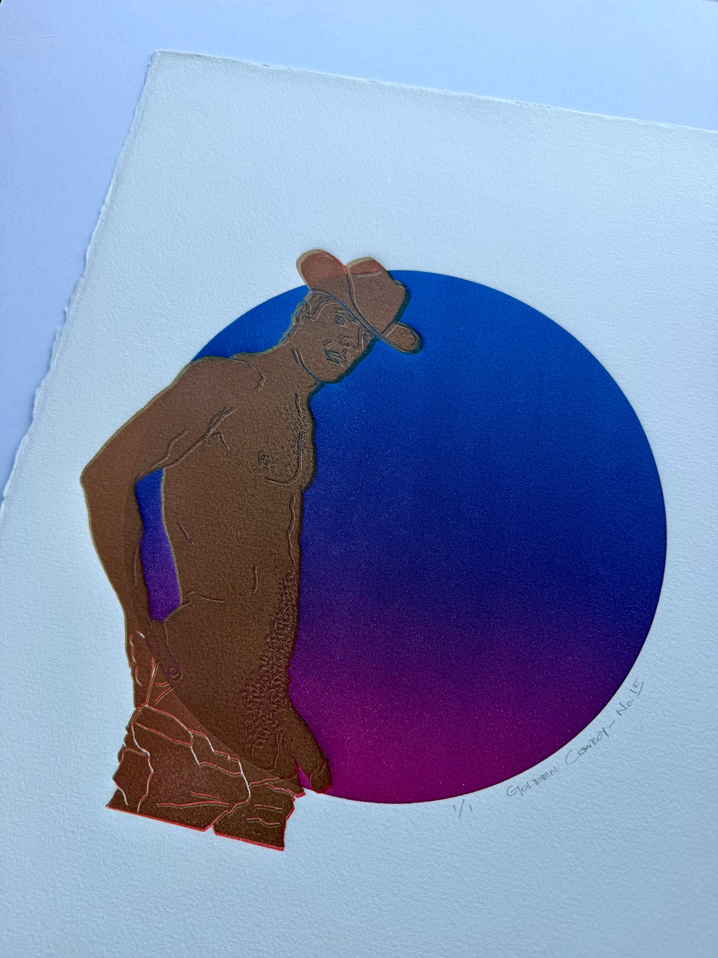 “Golden Cowboy - No. 15”. Blue-Purple Ombre Circle. 11x15 Art. Unmatted.