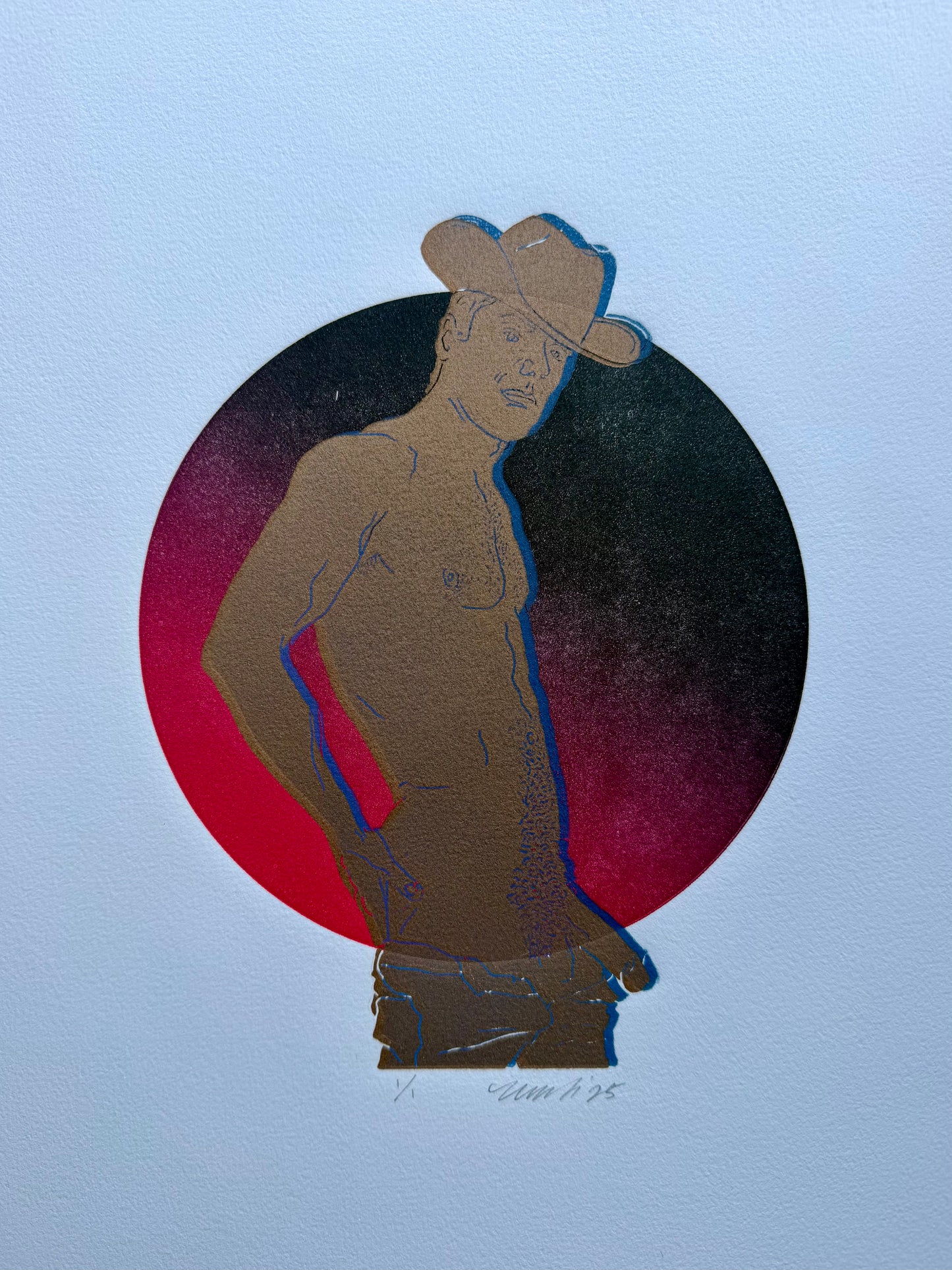Gold Cowboy. Blue Rim. Dark Red Ombre Circle. 11x15 Art. Unmatted.