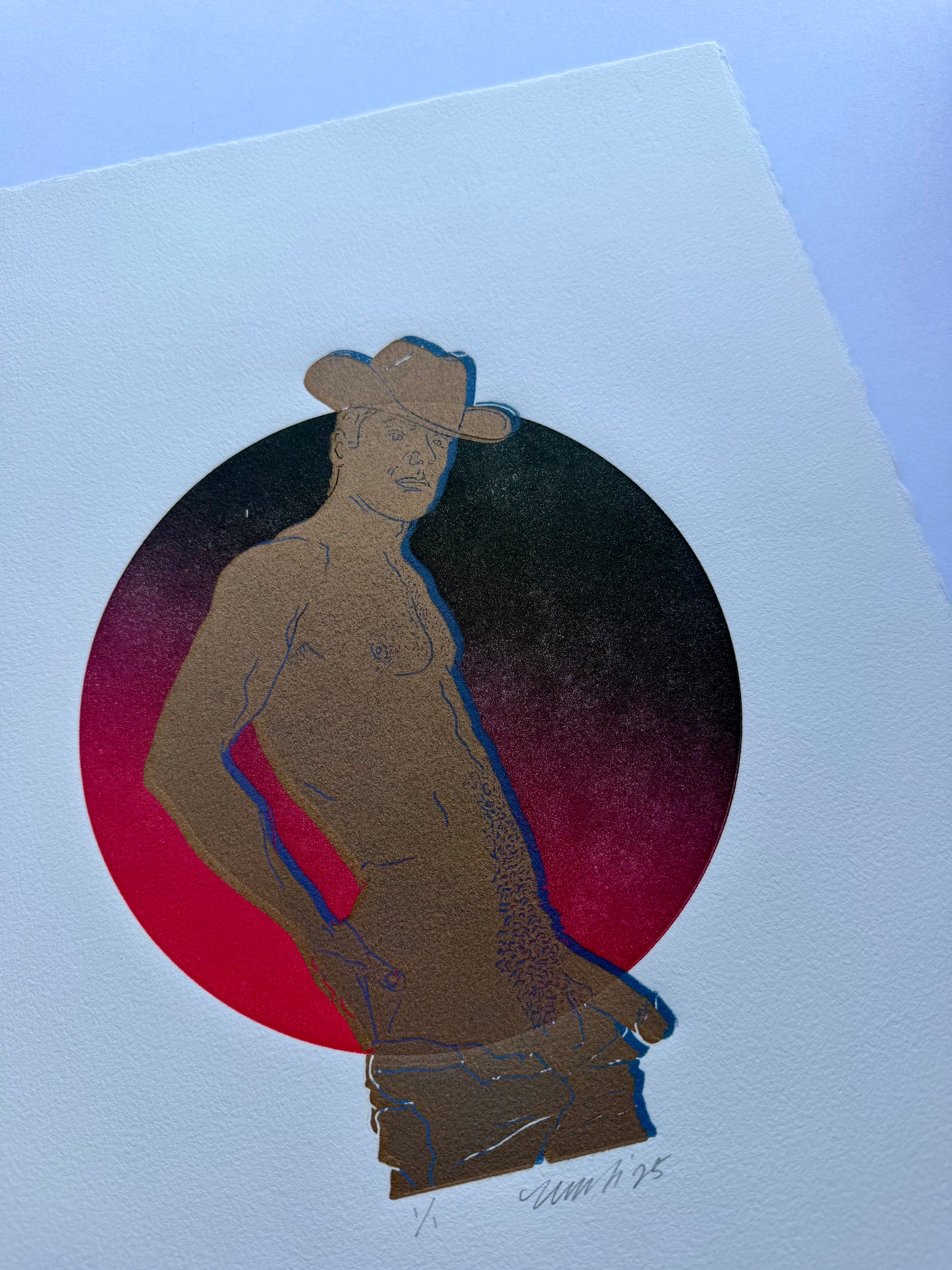 Gold Cowboy. Blue Rim. Dark Red Ombre Circle. 11x15 Art. Unmatted.