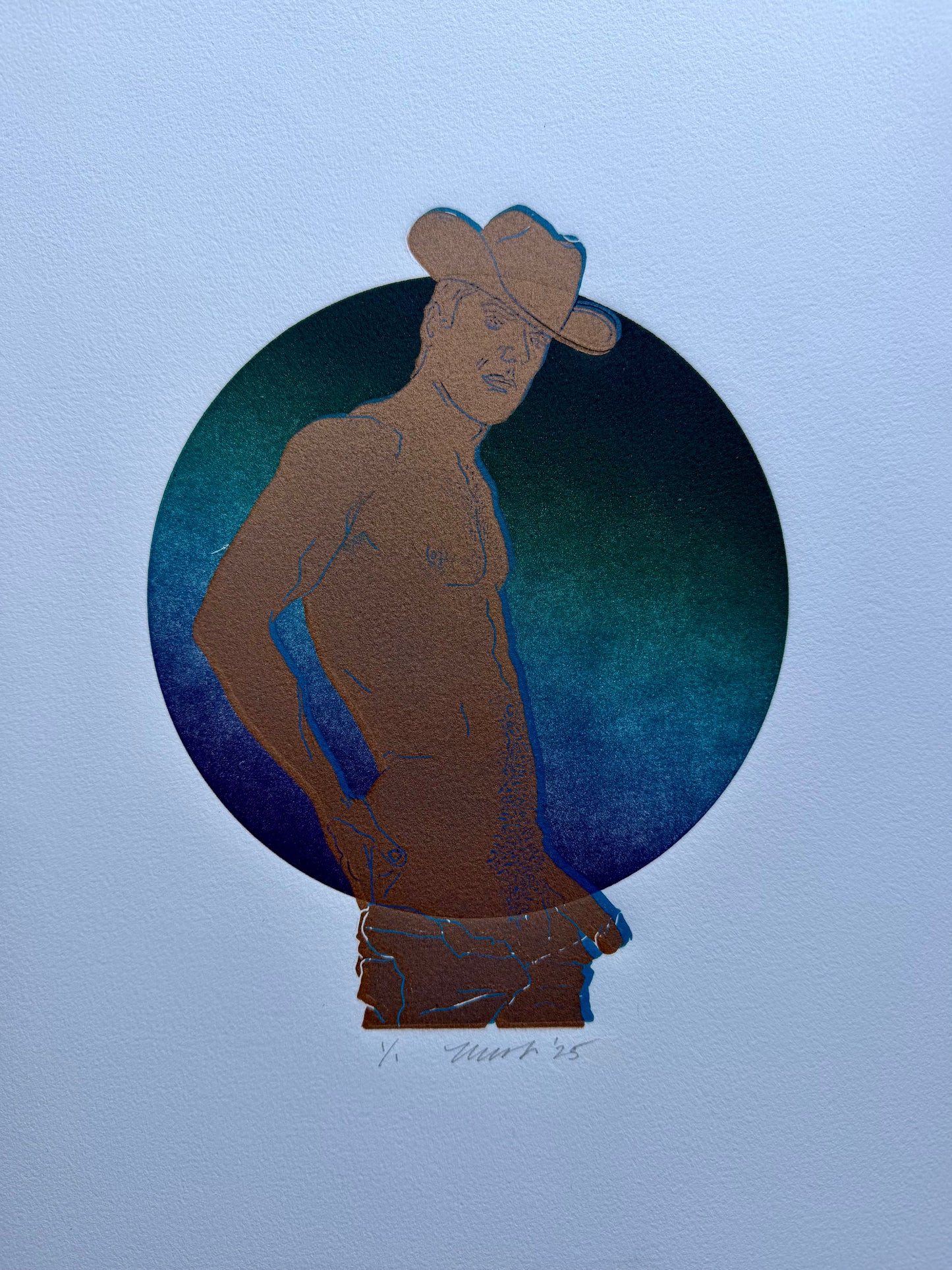 Gold Cowboy. Blue Rim. Green-Blue Ombre Circle. 11x15 Art. Unmatted.