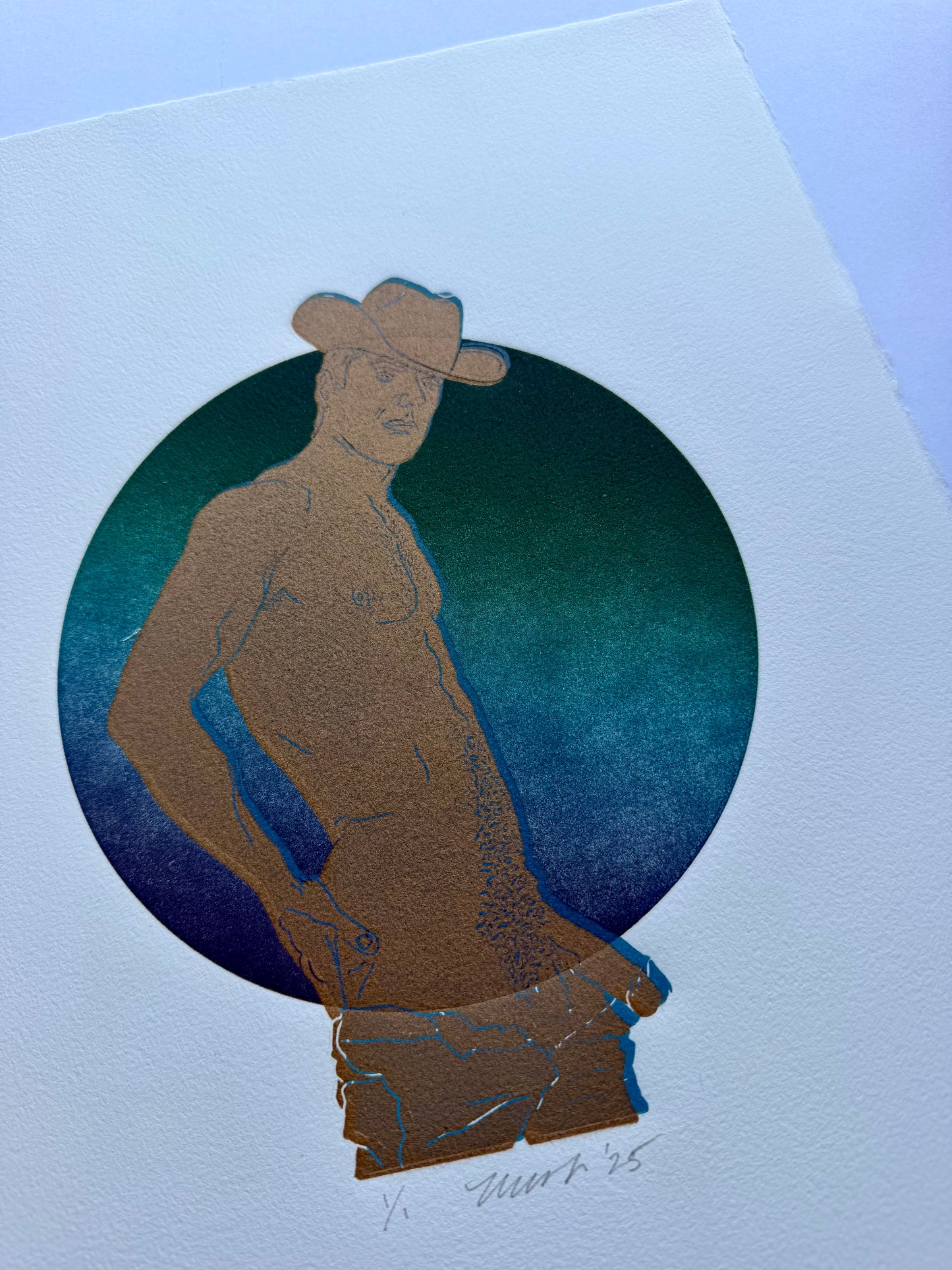 Gold Cowboy. Blue Rim. Green-Blue Ombre Circle. 11x15 Art. Unmatted.