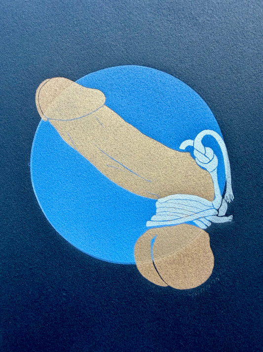 “Golden and Bound” on Blue Ombre Circle. Black Paper. 8x10 Art. Unmatted.