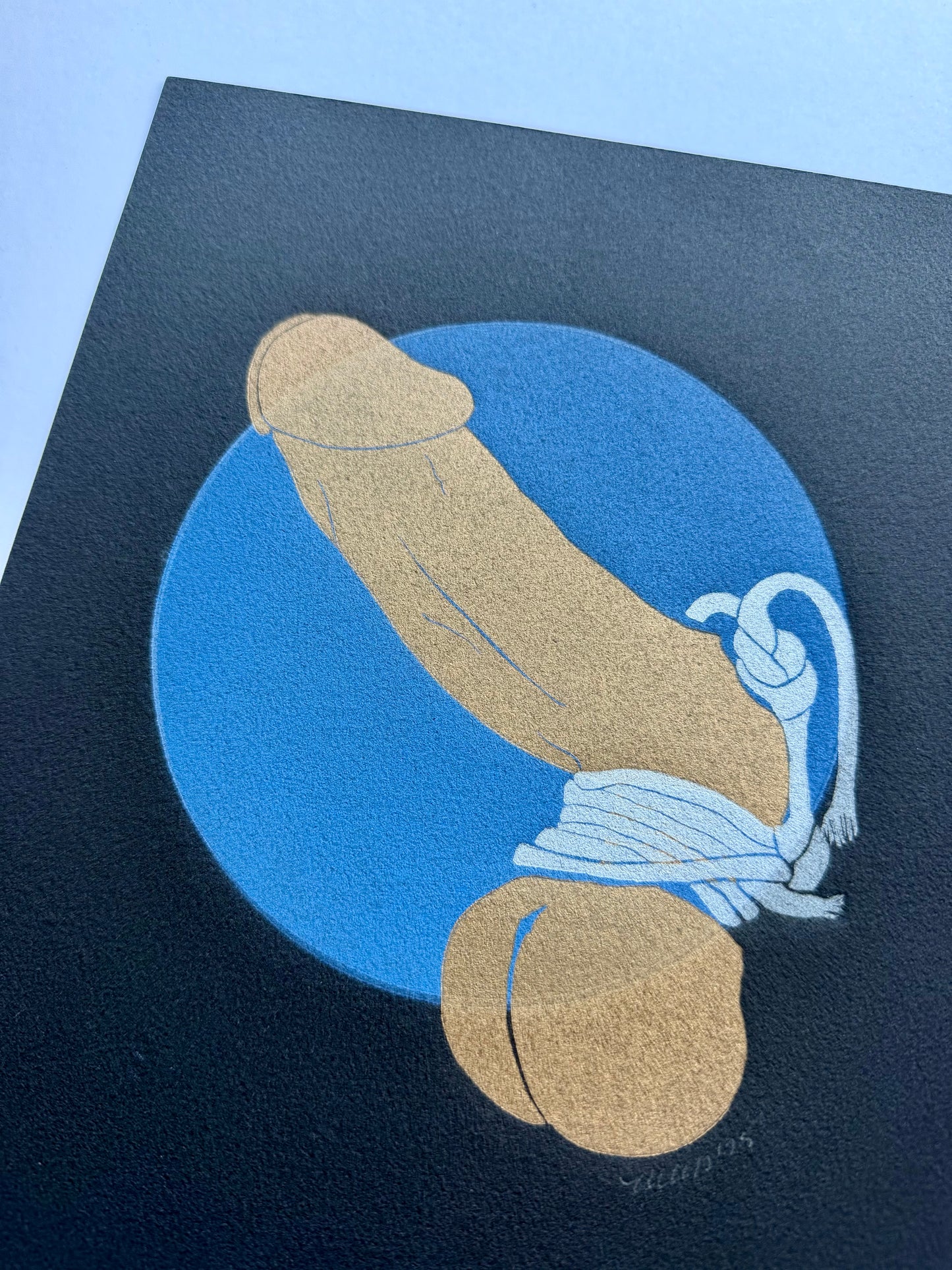 “Golden and Bound” on Blue Ombre Circle. Black Paper. 8x10 Art. Unmatted.